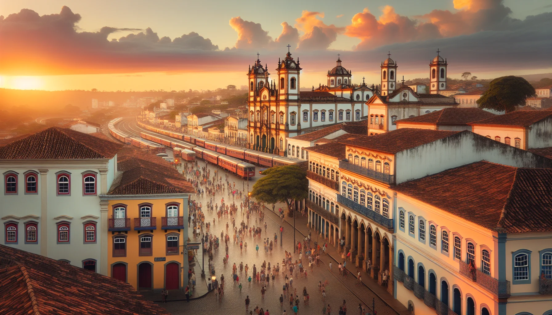 Cena horizontal do centro histórico de São João del-Rei ao entardecer, com igrejas coloniais e pessoas pelas ruas de paralelepípedos